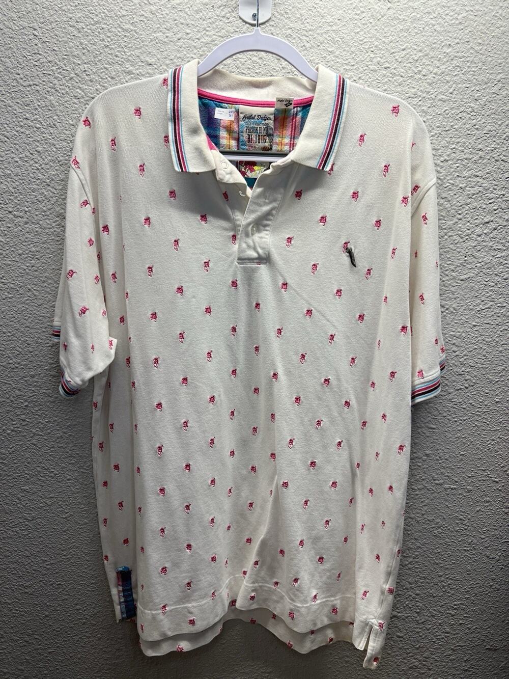 Artful Dodger Embroidered Pink & Ivory Embroidered Polo Size 2XL Y2K